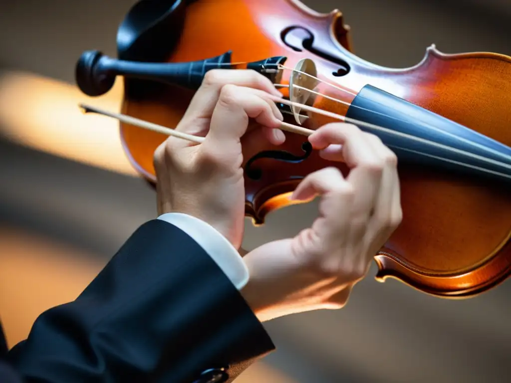 Mano de violinista ejecutando técnica portamento en instrumento de cuerda, destacando la destreza y concentración