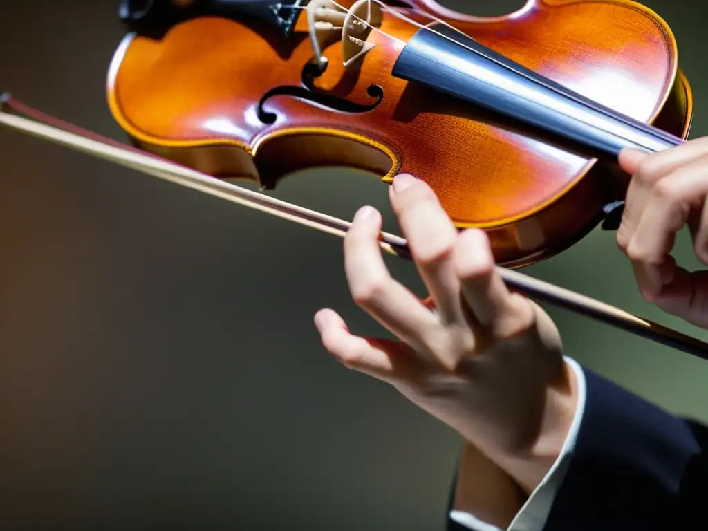 Mano de violinista ejecutando la técnica spiccato, con el arco rebotando en las cuerdas, mostrando la destreza y tensión en los dedos, y la vibración sutil de las cuerdas del violín