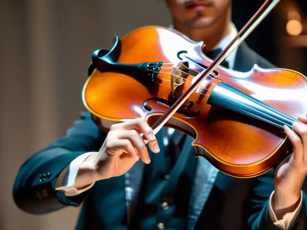 Mano de violinista ejecutando la técnica ricochet en un violín