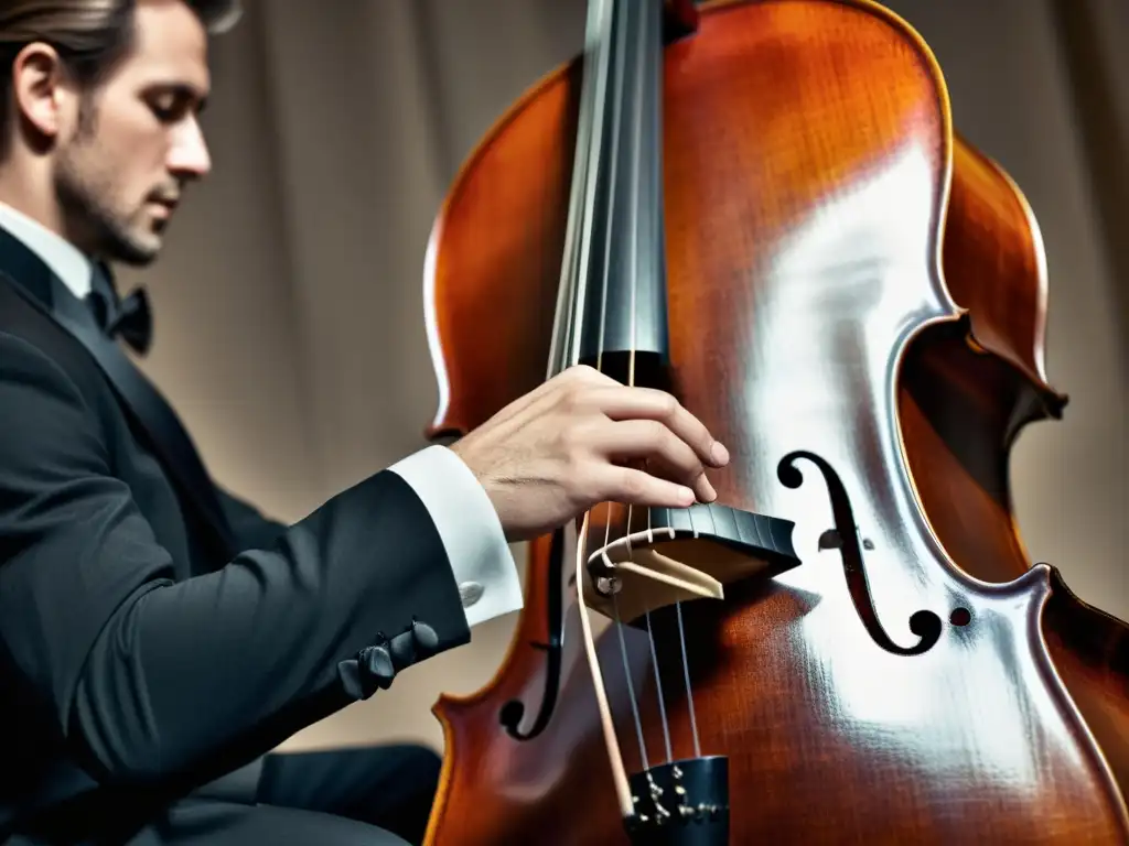 Mano de violonchelista tocando con precisión las cuerdas de un cello