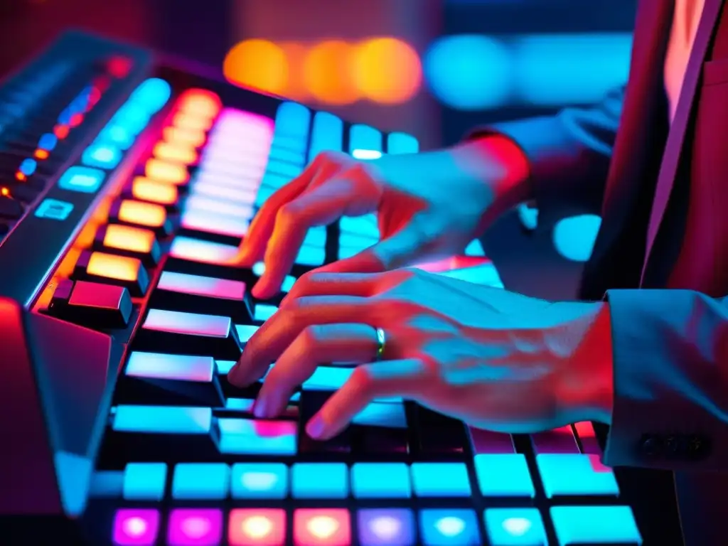 Las manos ágiles de un músico crean innovadoras texturas en un teclado de música electrónica, iluminado por luces LED