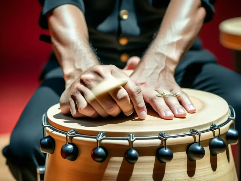 Manos apasionadas de percusionista flamenca tocando el cajón con destreza