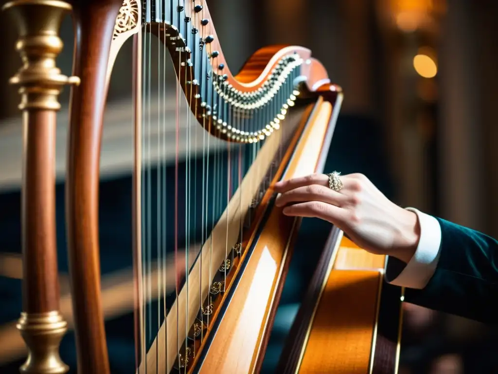 Las manos de una arpista crean magia al tocar el arpa en un concierto, con una iluminación suave que resalta los detalles ornamentados del instrumento