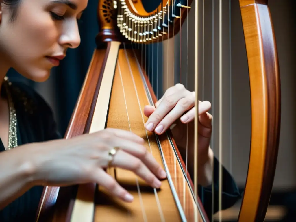 Las manos de una arpista ejecutando la técnica del arpa en orquesta, mostrando concentración y destreza en un entorno dramático