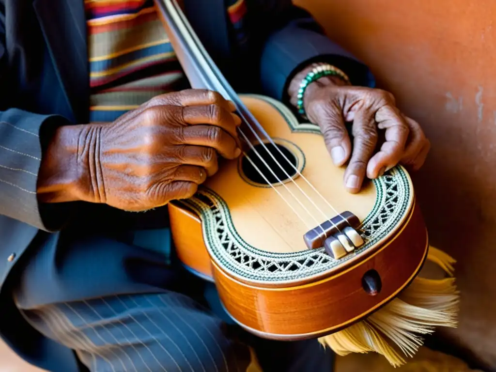 Manos arrugadas de un músico boliviano tocando el charango, mostrando el legado cultural y los riesgos del charango boliviano