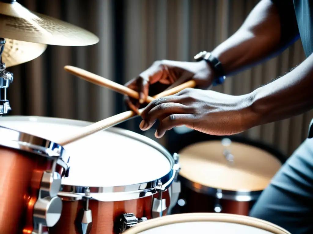 Las manos de un baterista de jazz listas para tocar la caja con baquetas y escobillas, capturando la energía de la percusión