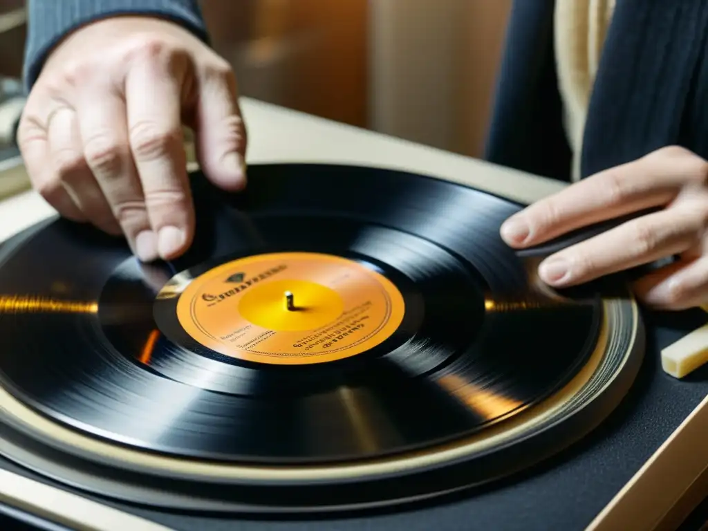 Manos cuidadosas restaurando un vinilo vintage, preservando grabaciones históricas con meticulosidad y dedicación