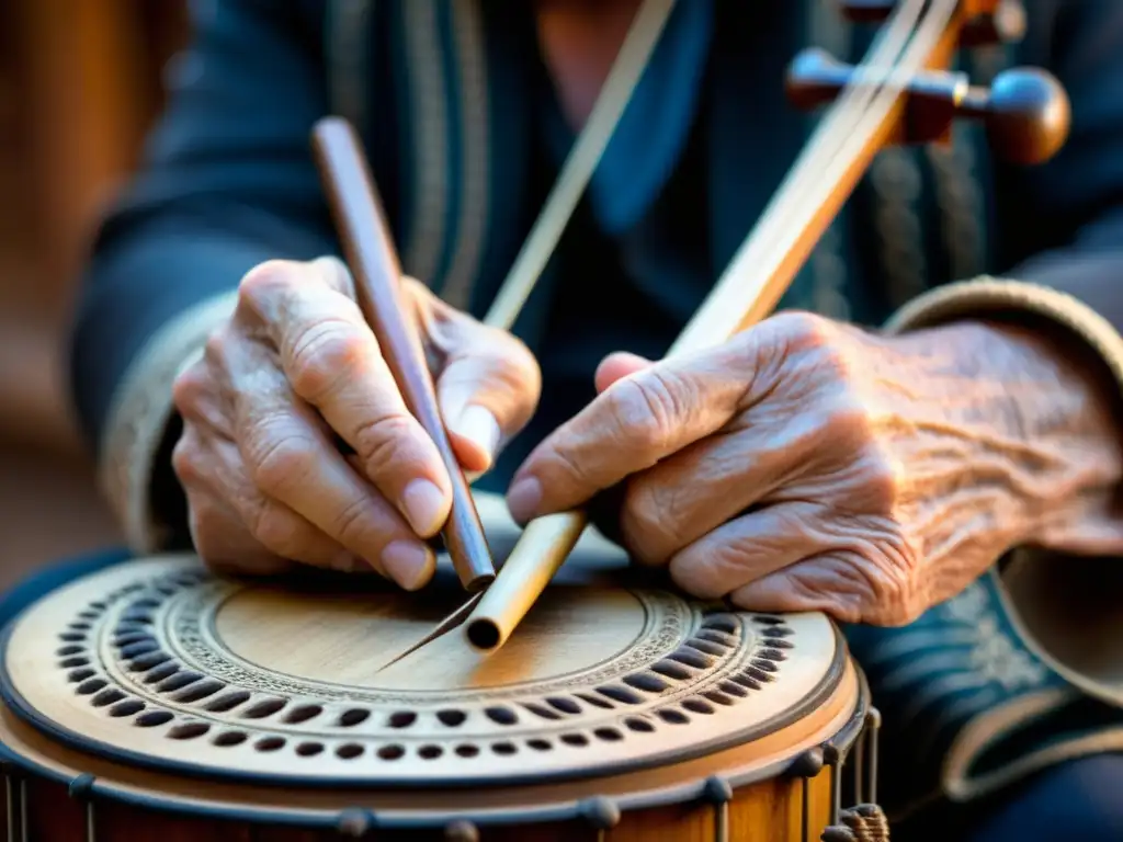Maestría ancestral: manos curtidas en el rabel Las manos curtidas de un músico anciano tocan el rabel, mostrando la historia y relevancia cultural del instrumento en la música folclórica española