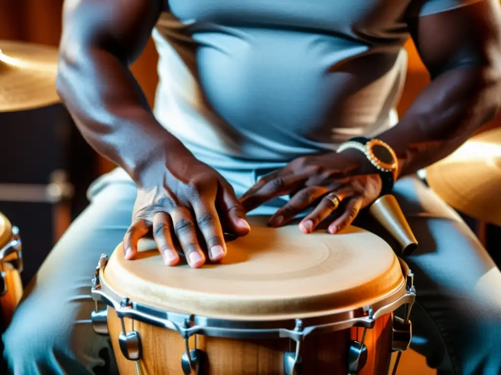 Manos enérgicas ejecutando la técnica de las congas en música afrocubana, transmitiendo pasión y maestría rítmica