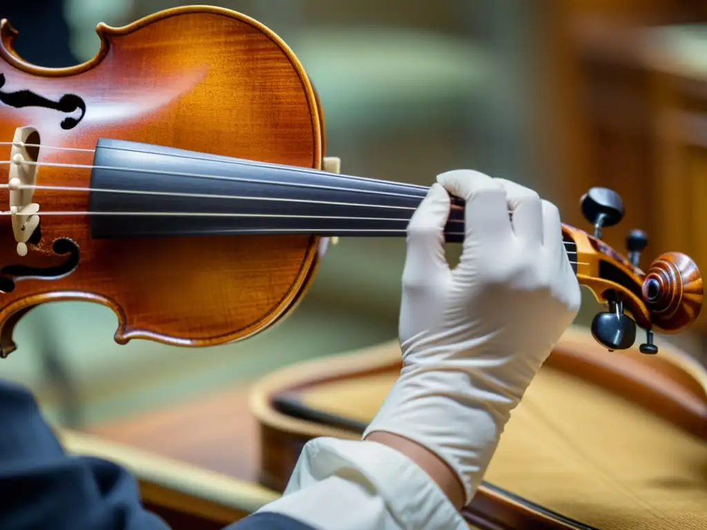 Manos enguantadas examinan detalladamente un antiguo violín bajo luz natural, resaltando la preservación de instrumentos musicales y los conflictos éticos en su conservación