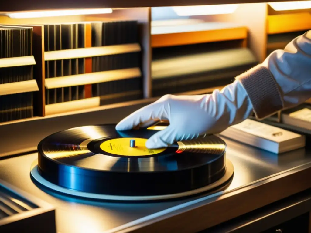 Manos enguantadas preservando un vinilo vintage