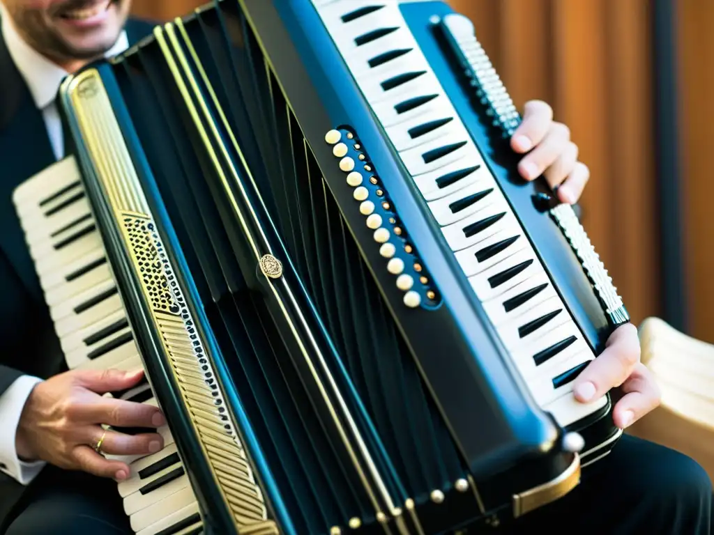 Manos expertas interpretando el acordeón, transmitiendo la historia y evolución de la música