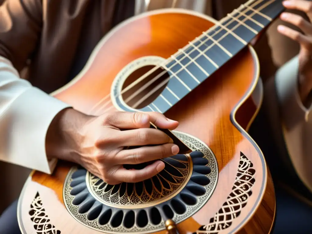 Manos expertas tocando el oud árabe, mostrando su historia y sonido en detalle