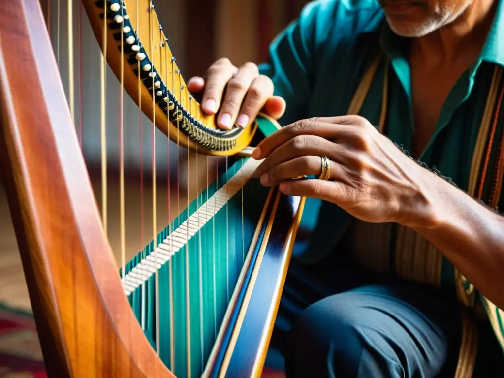 Manos expertas hacen sonar el arpa paraguaya, resaltando la historia del arpa paraguaya en la música contemporánea