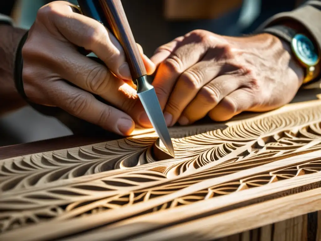 Las manos expertas de un artesano esculpen detalles en madera, resaltando la belleza natural