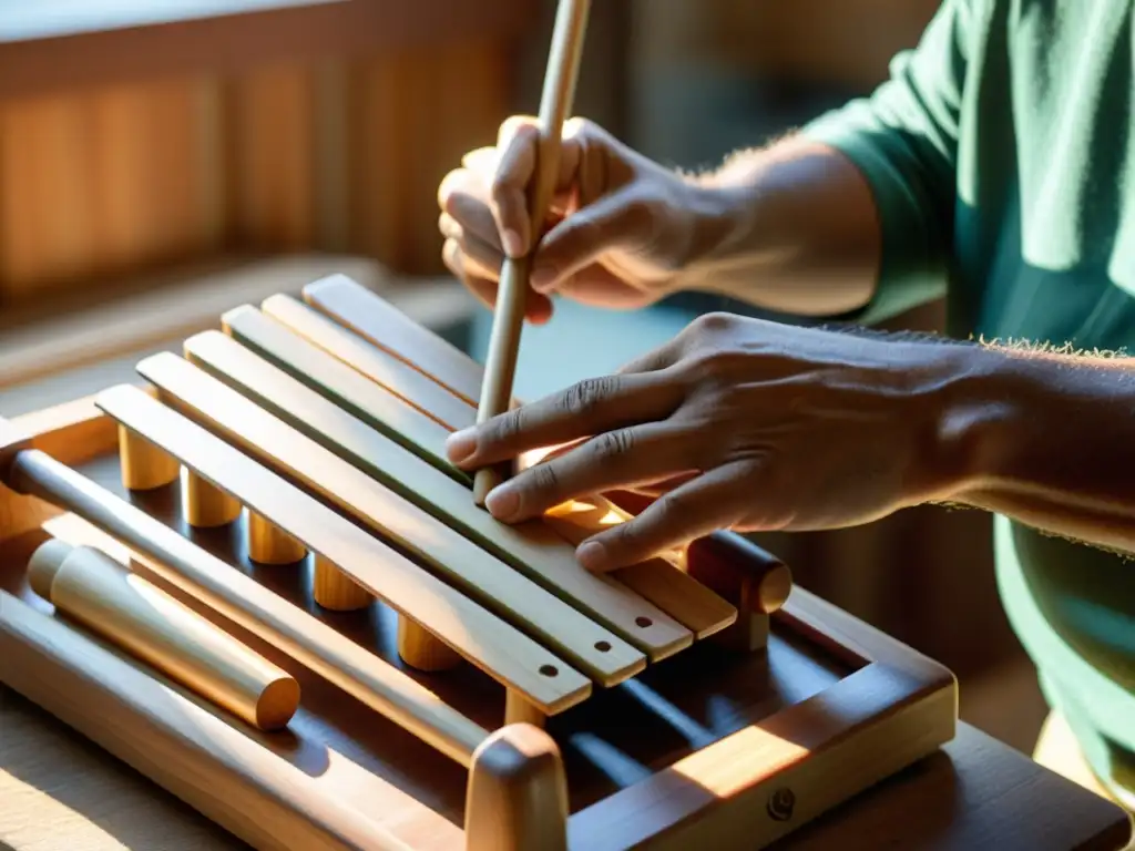 Las manos expertas de un artesano dan forma a un xylophone sostenible, resaltando innovaciones sostenibles en instrumentos de percusión melódica