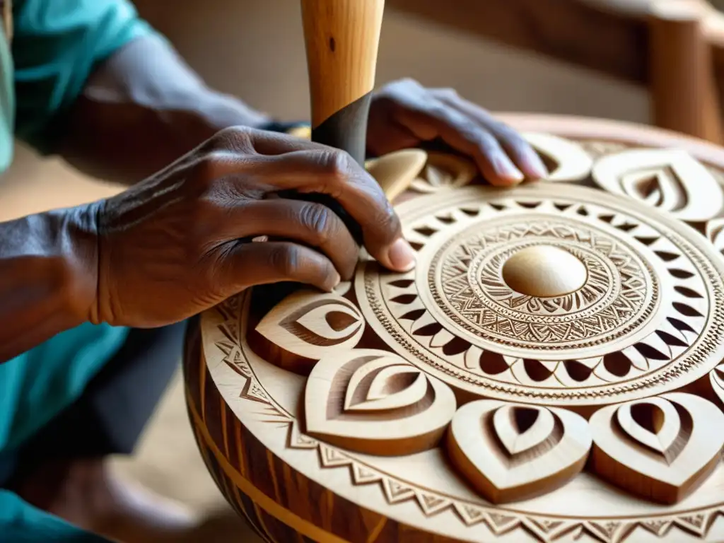 Manos expertas de un artesano indígena tallando con maestría un instrumento musical tradicional de madera, destacando las técnicas de fabricación de instrumentos musicales indígenas