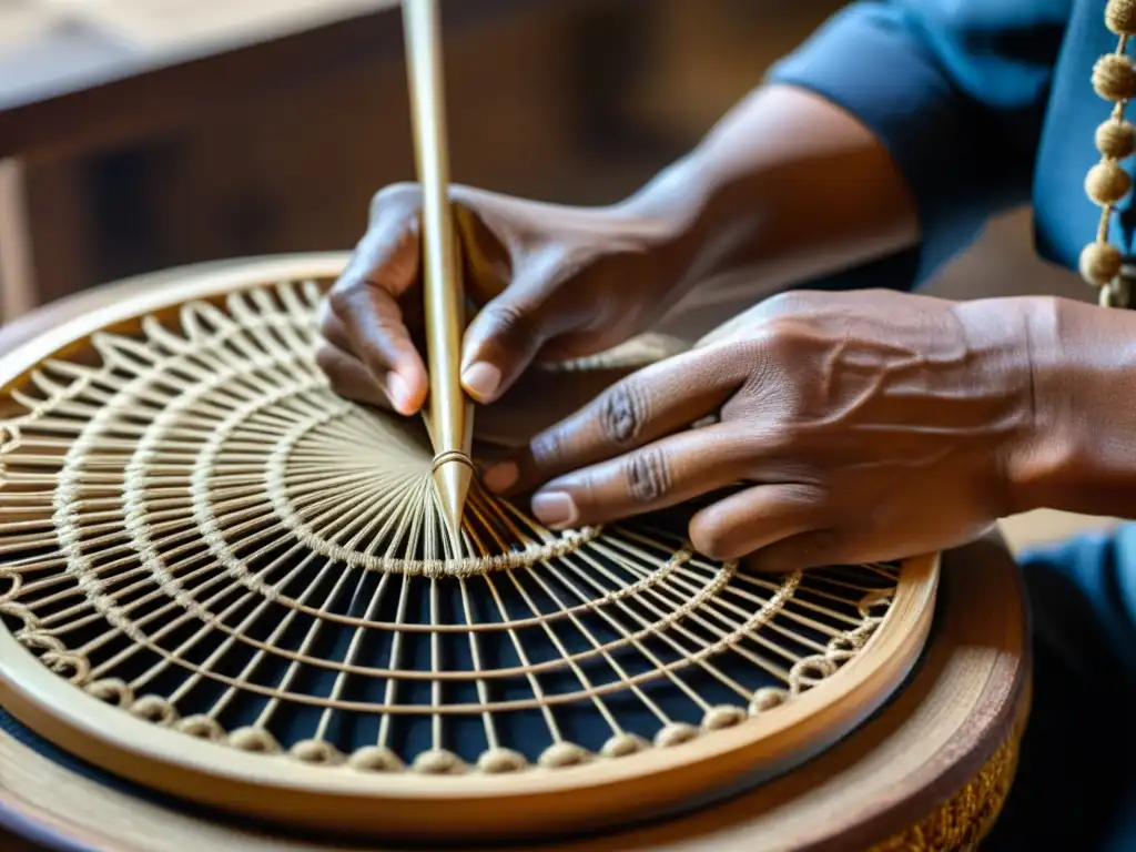 Las manos expertas de un artesano creando un instrumento de cuerda, resaltando la evolución de instrumentos de cuerda