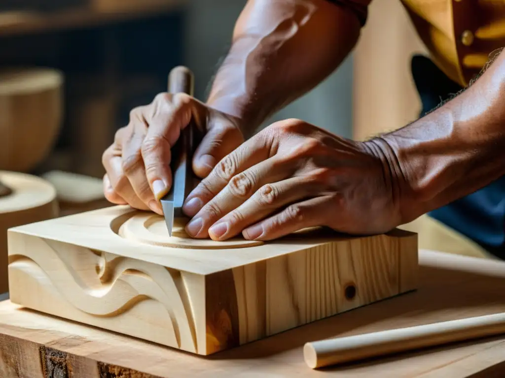 Las manos expertas de un artesano esculpen con precisión un cajón flamenco, destacando la madera y la construcción artesanal