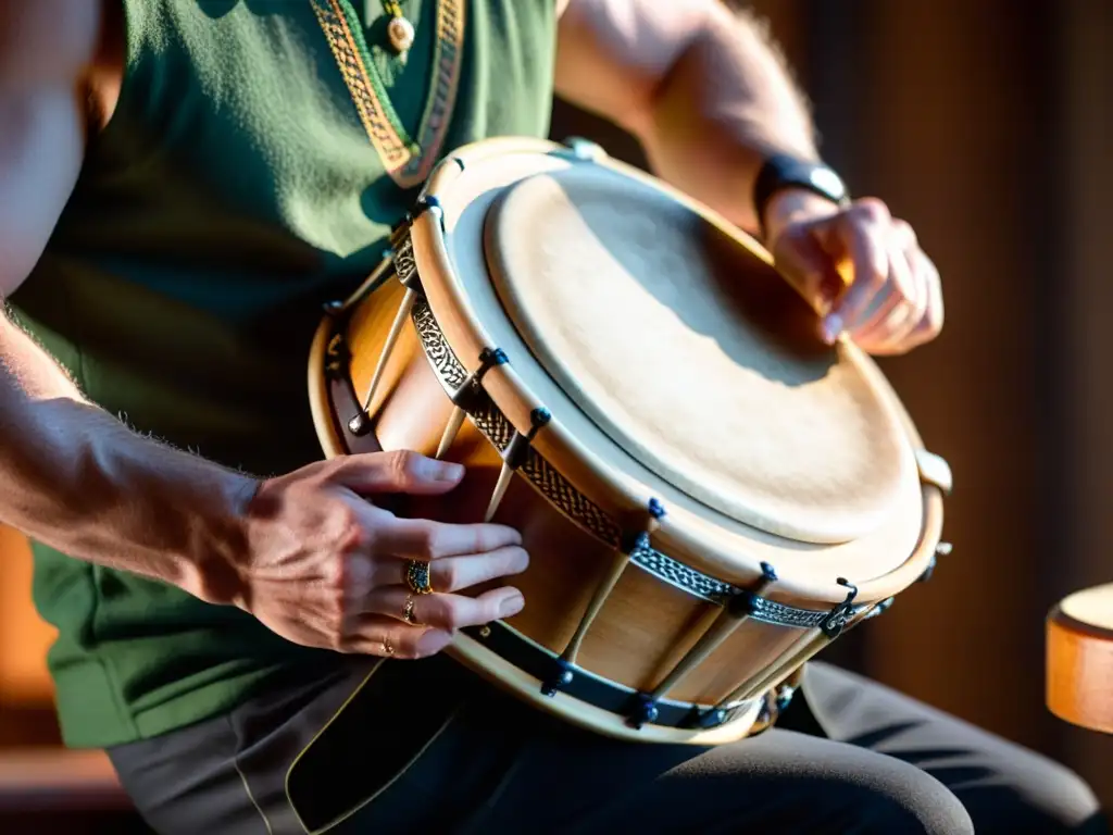 Manos expertas tocando el bodhrán con técnica y pasión, resaltando la relevancia cultural del instrumento en la música contemporánea irlandesa