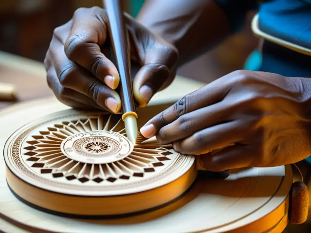 Manos expertas construyendo un charango en América del Sur con detalle y destreza artesanal