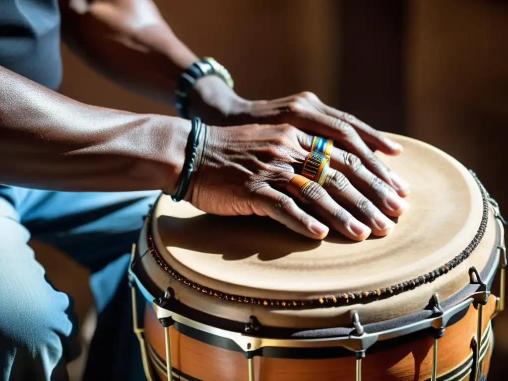 Las manos expertas de un conguero maestro tocan la conga, mostrando la pasión y maestría en las técnicas de tumbao para conga afroantillana