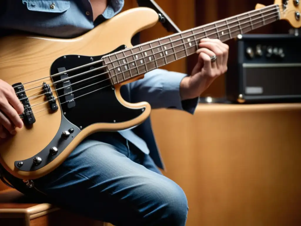 Manos expertas tocando las cuerdas de un bajo eléctrico, mostrando destreza y pasión