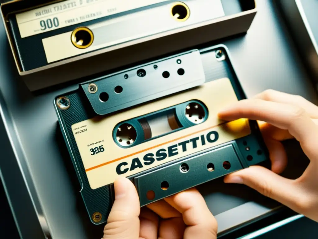 Manos expertas restaurando con cuidado un cassette vintage, resaltando la conservación de medios analógicos