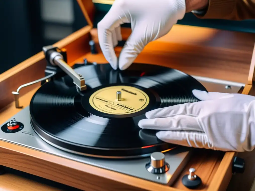 Unas manos expertas colocan con delicadeza un vinilo vintage en un tocadiscos de alta calidad, destacando la precisión y reverencia en el proceso de restaurar vinilos grabaciones clásicas