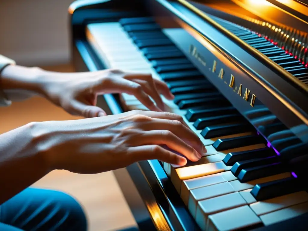 Manos expertas explorando con destreza las teclas de un piano, destacando el uso y función de los modos en el teclado