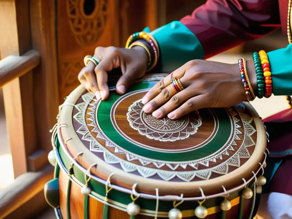 Manos expertas tallan un Dhol indio, envueltas en coloridas pulseras y anillos, mostrando precisión y arte en la construcción del instrumento