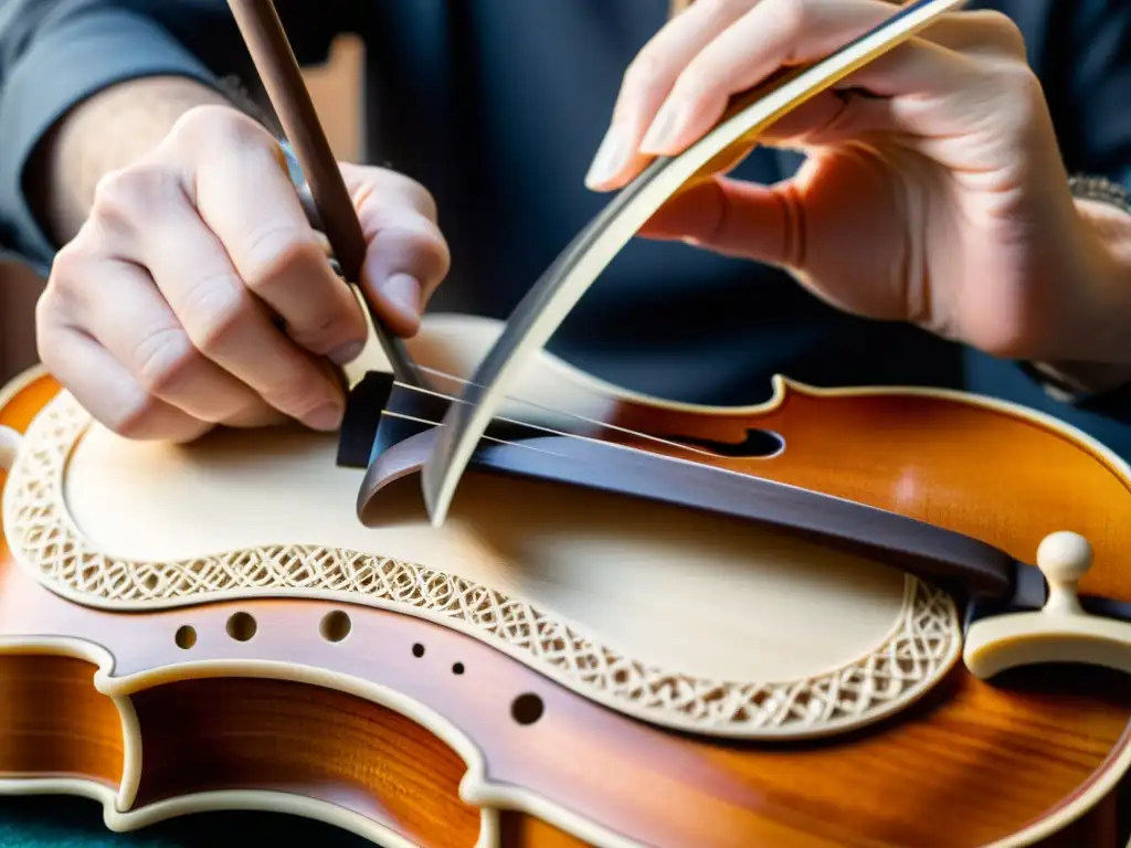 Manos expertas redescubren la expresividad melódica al tallar el diapasón de un violín, con virutas de madera en el aire