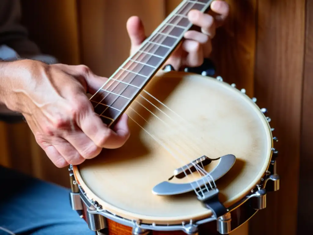 Manos expertas redefiniendo géneros con banjo en la era digital, capturando la pasión y destreza de la música