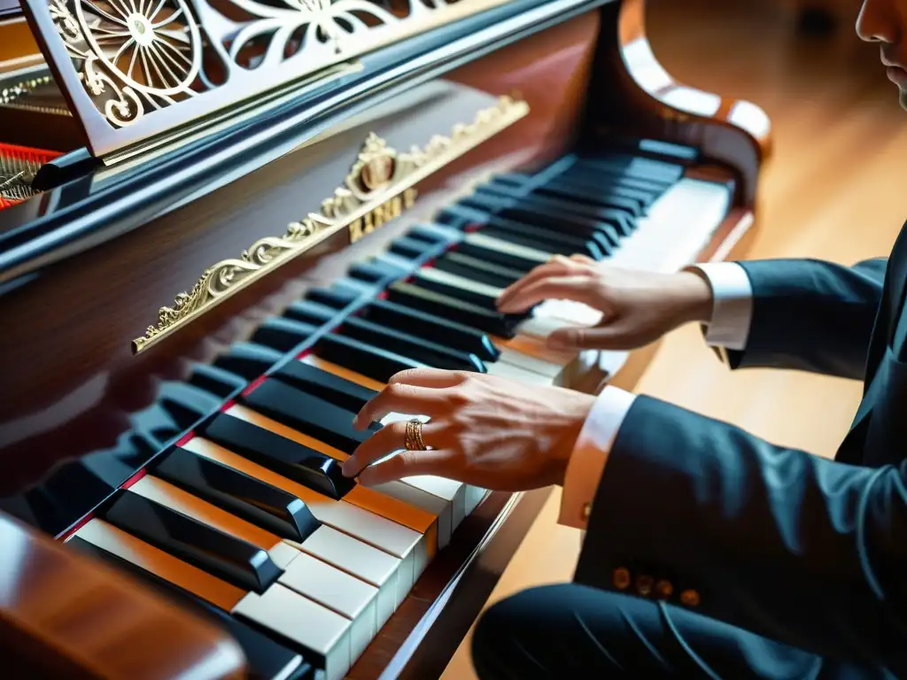 Unas manos expertas tocan con gracia las teclas de un elegante piano de cola, demostrando técnicas avanzadas para dominar el teclado