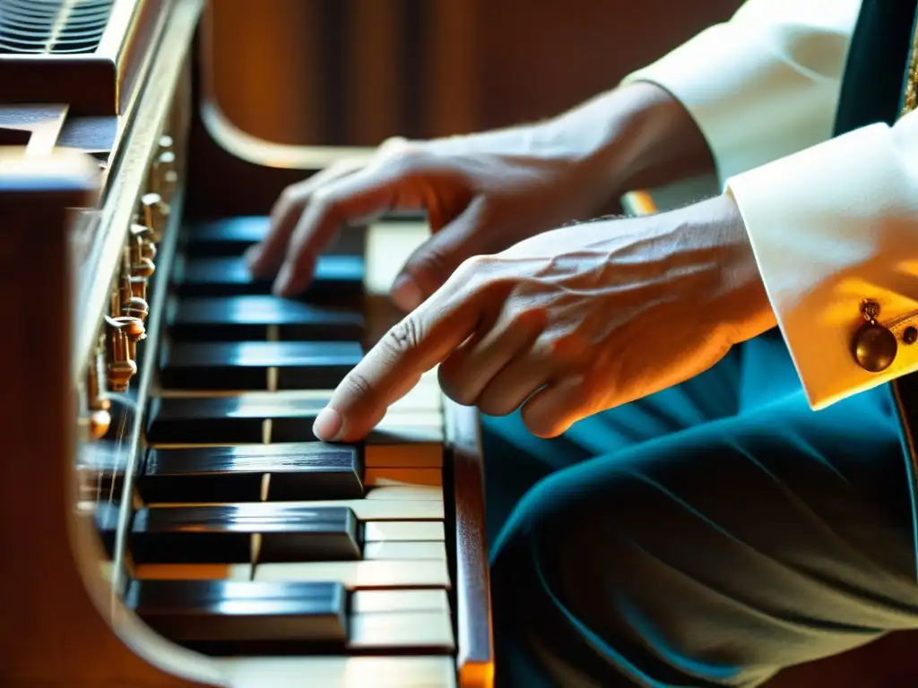 Manos expertas recorren con gracia las teclas de un antiguo bandoneón, revelando la historia del bandoneón en el tango en cada detalle