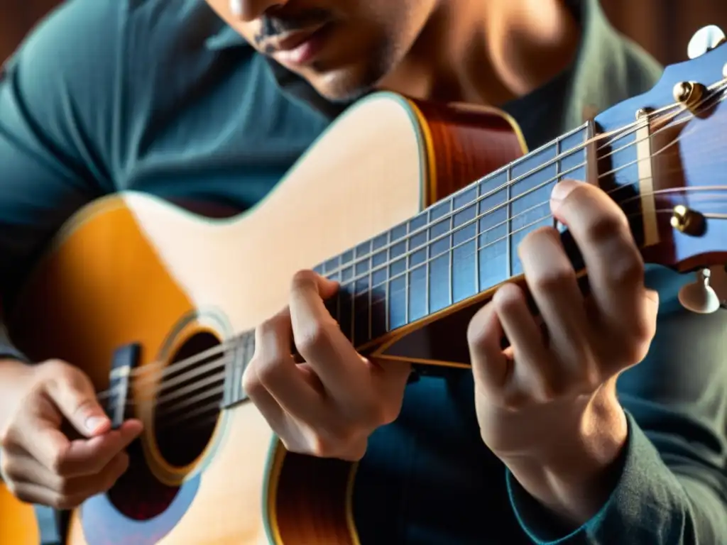 Manos expertas tocando una guitarra, transmitiendo pasión y dedicación