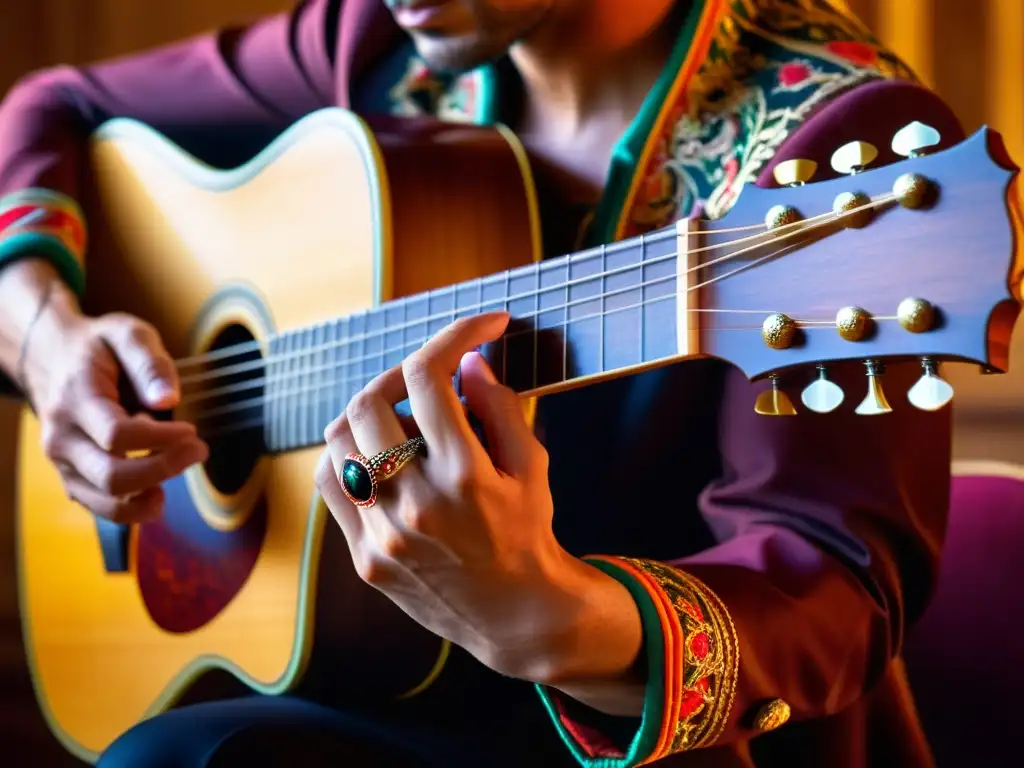 Las manos expertas de un guitarrista flamenco dan vida a la pasión y la destreza de la música, evocando tradición, arte y emoción