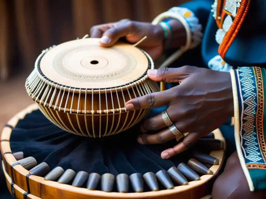 Las manos expertas de un intérprete de kora africano crean magia con el sonido, mostrando la historia y sonido del kora africano en cada nota