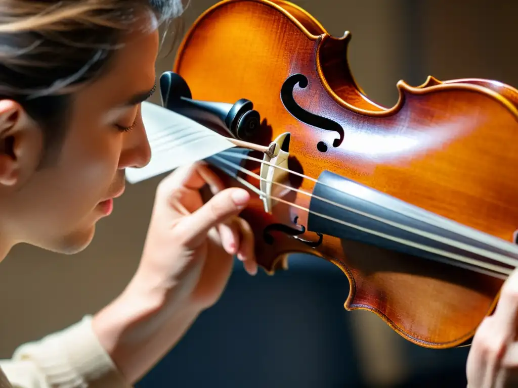 Manos expertas cuidan con mimo un violín, mostrando la belleza del instrumento