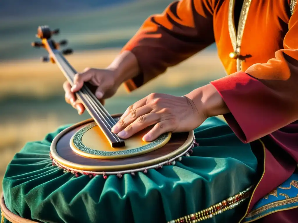 Manos expertas interpretando el Morin Khuur en la vasta estepa de Mongolia, resaltando la belleza atemporal de esta tradición cultural