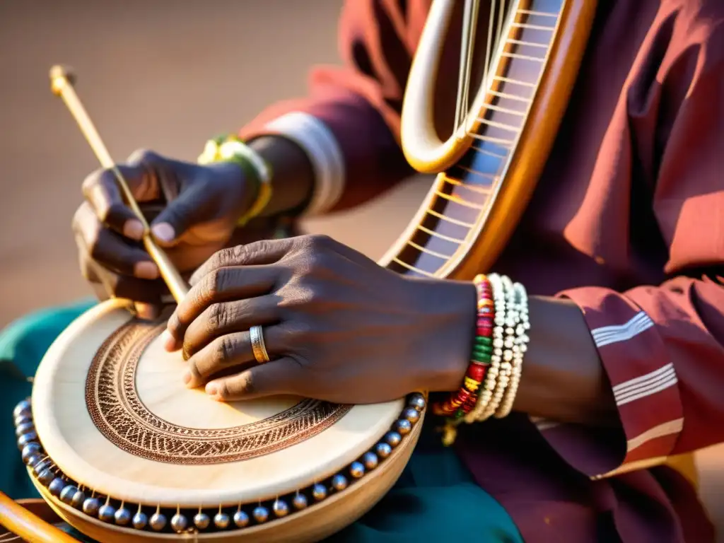 Las manos expertas de un músico de kora africano crean música conmovedora, resaltando la rica historia y sonido del kora africano