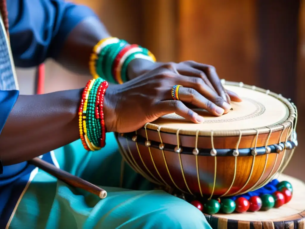 Las manos expertas de un músico tocan el kora africano, mostrando historia y sonido del instrumento