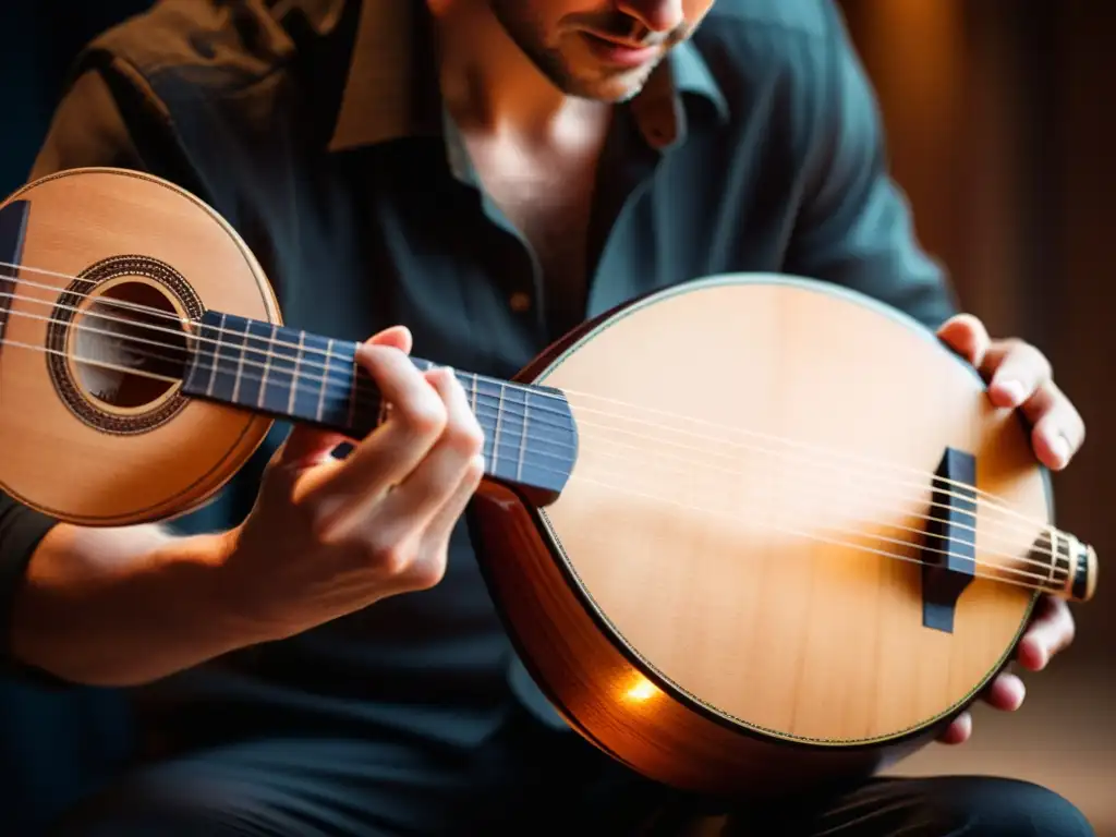 Las manos expertas de un músico tocando un cistro, resaltando la belleza del instrumento y la pasión por la música folk