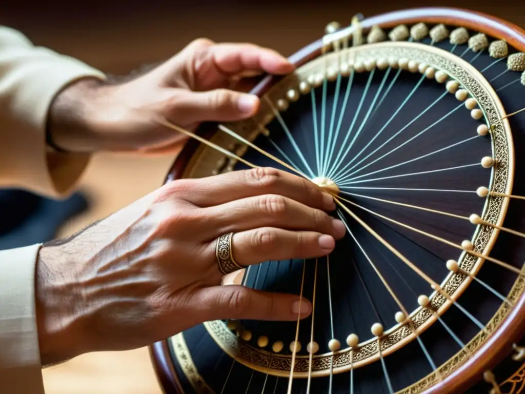 Las manos expertas de un músico deslizándose sobre las cuerdas de un Santur, instrumento musical tradicional persa