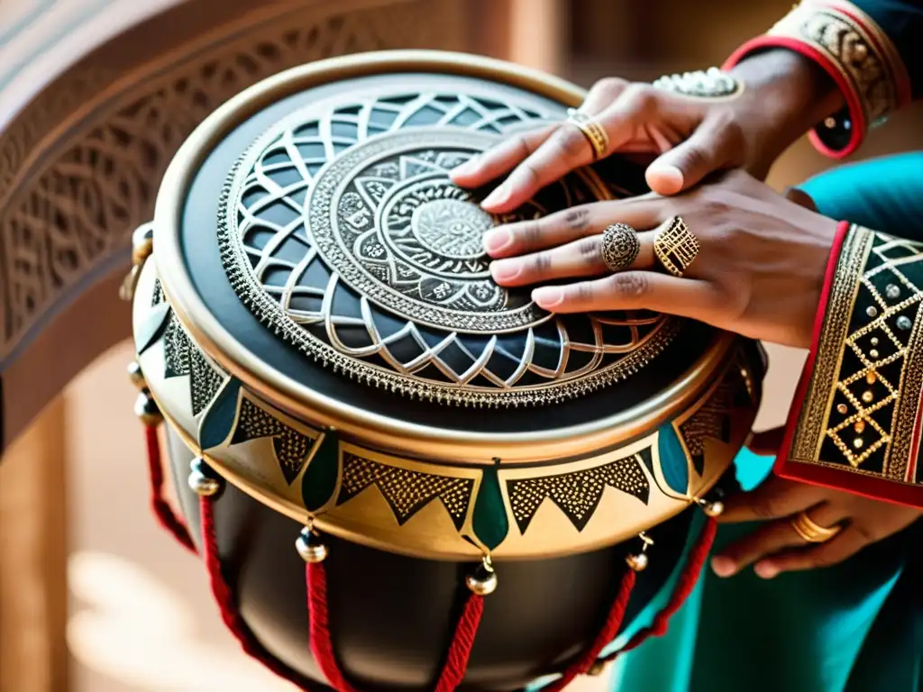 Las manos expertas de un músico tocan la darbuka con precisión y pasión, mostrando la influencia global del darbuka en la cultura