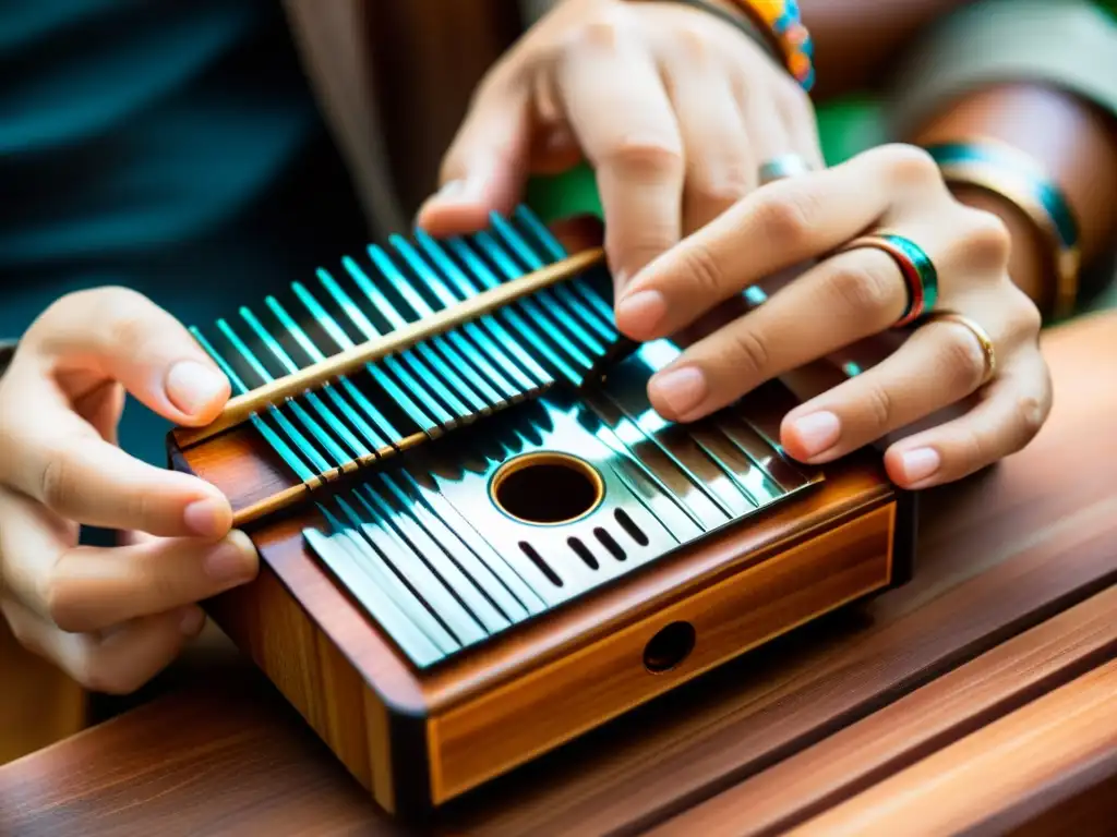 Las manos expertas de un músico tocan con delicadeza las metal tines de una kalimba, iluminadas por luz natural