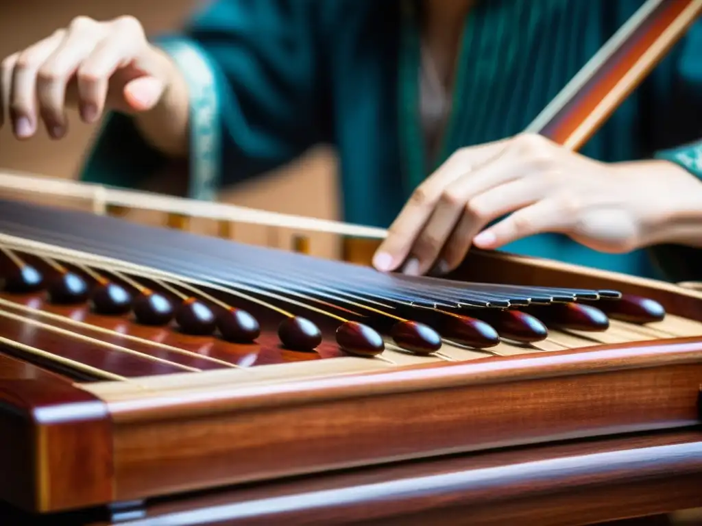 Las manos expertas de un músico tocan el guzheng con intensidad, mostrando la innovación del guzheng en música