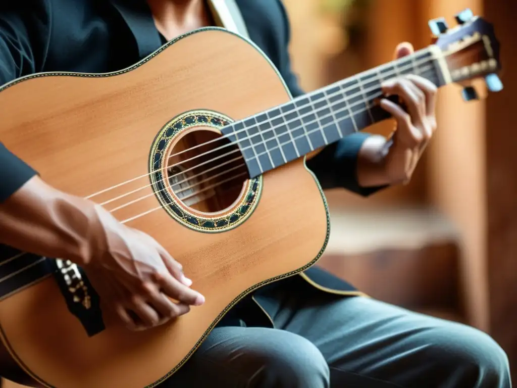 Las manos expertas de un músico mexicano tocando con pasión el bajo quinto, en un ambiente cálido y tradicional