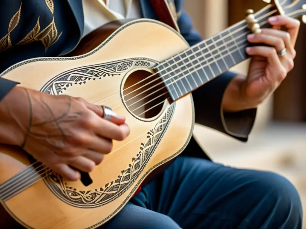 Las manos expertas de un músico tocan con pasión un bouzouki griego, inmerso en la cálida luz