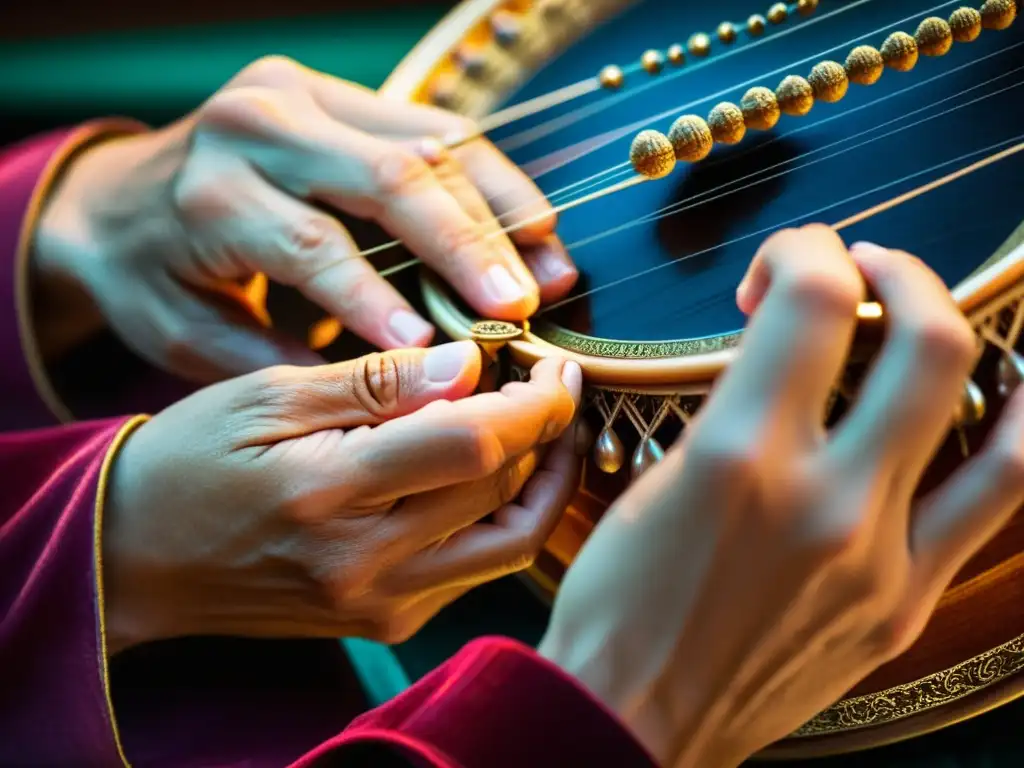 Manos expertas de músico tocando el santur persa, resaltando su significado cultural